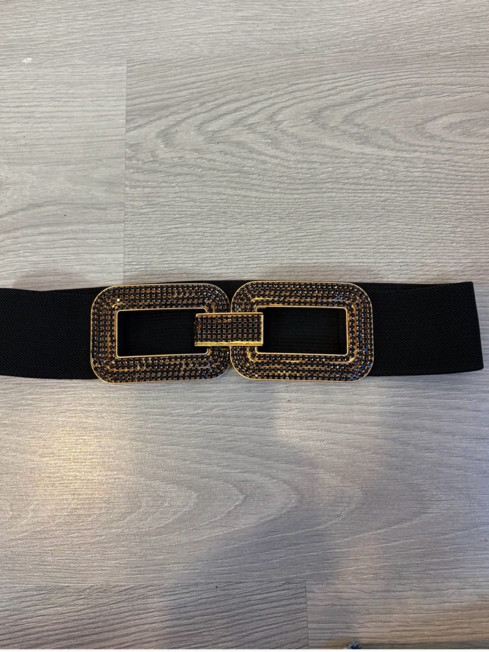 Zara Black Elastic Waist Belt with Gold Crystal-Embellished Buckle 74